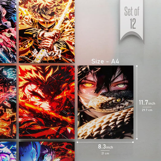 Set of 12 Demon Slayer Wall Posters | A4 Size each Self-Adhesive Anime Prints for Bedrooms & Gaming Rooms | Tanjiro | Nezuko | Zenitsu | Kokushibo