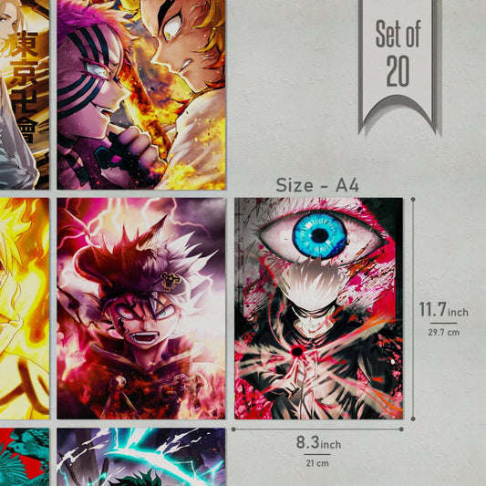 REDCLOUD Paper Set Of 20 Mix Anime PEEL N STICK Self Adhesive Light weight posters for long lasting on Wall Posters Size - A4 Anime posters for bedroom | Naruto anime | Demon slayer | Dragon ball z | Jujutsu kaisen | One piece | Attack on titan