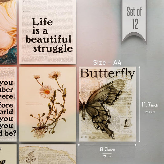 RedCloud Peel N Stick Self Adhesive Set of 12 Aesthetic Vintage Wall Collage Kit Posters - A4 Size Each Poster for Wall Decoration - Wall Art For Bedroom, Office, Living room, Dorm room