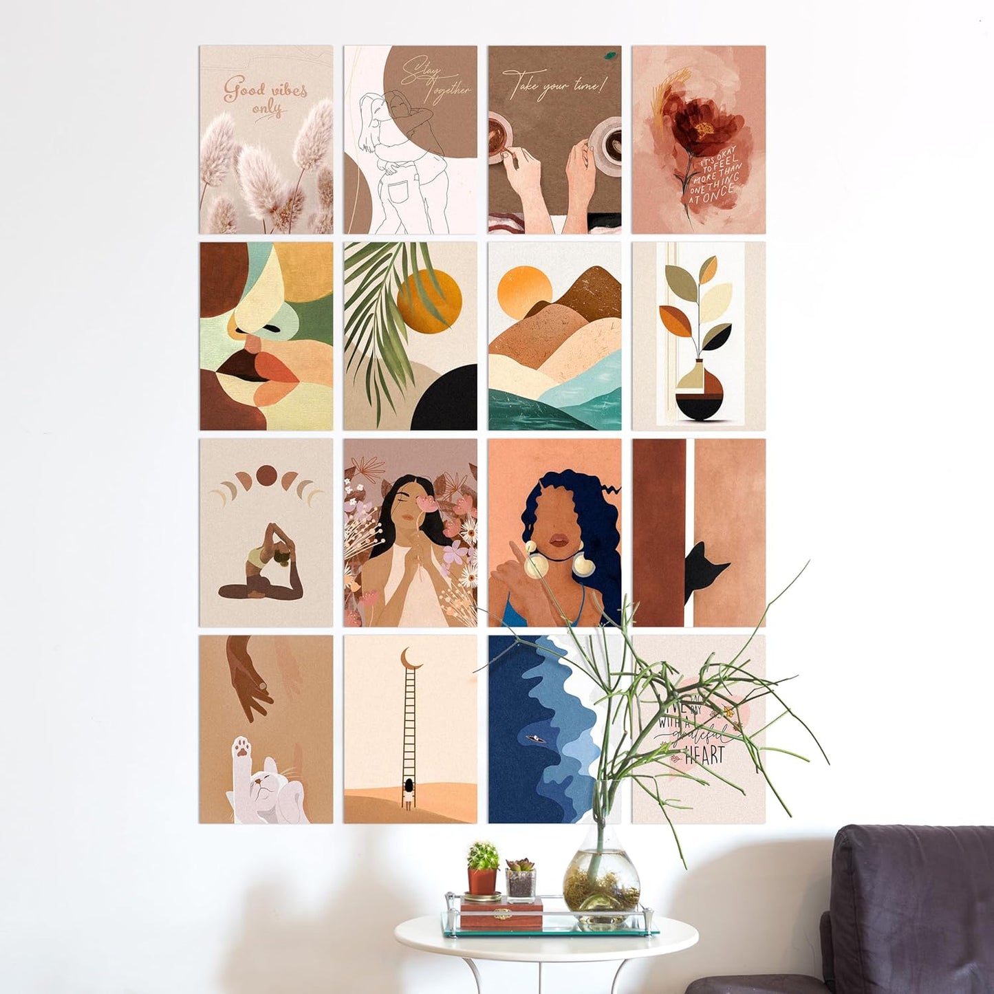 REDCLOUD Set of 16 Boho Aesthetic Wall Posters Self Adhesive Light Weight Posters For Long Lasting On Wall Posters- Peach,Beige,Orange Bohemian Wall Prints For Bedroom,Living Room,Office Decoration