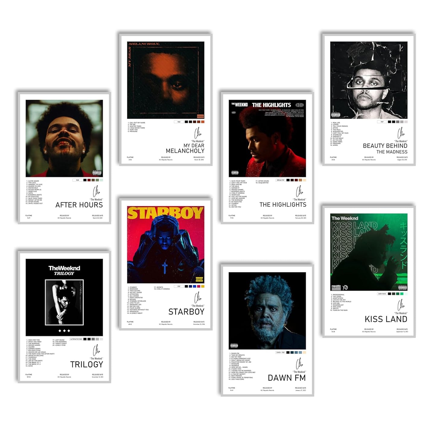 RedCloud Peel N Stick Self Adhesive Set of 8 - The Weeknd Popular Music Artist Album Art Wall Posters Size - A4 (8 x12) Inches Poster for Wall Decoration for Bedroom, Office, Living Room, Dorm Room