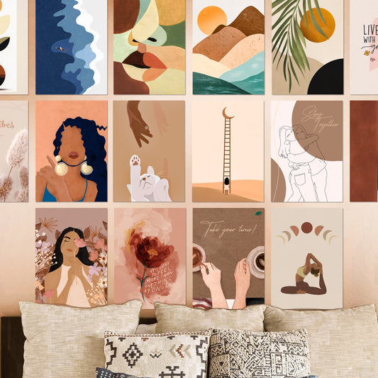 Boho Aesthetic Wall Posters Set of 16  – A4 Premium 300 GSM Thick Paper Modern Art Prints