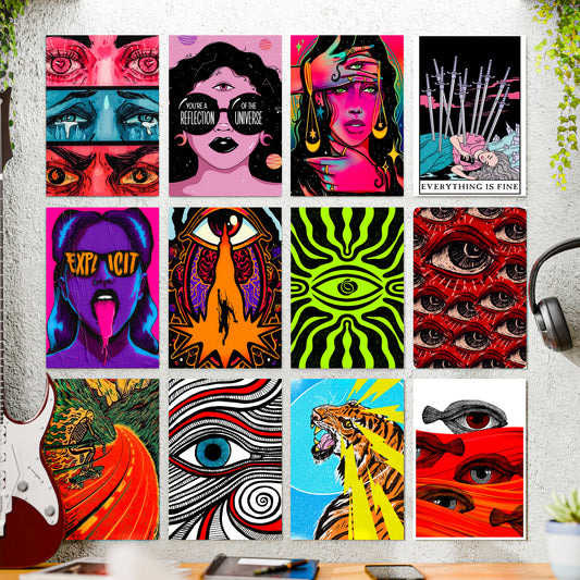 Psychedelic Visionary Wall Posters Set of 12 – A4 Premium 300 GSM Thick Paper Trippy Aesthetic Art Prints