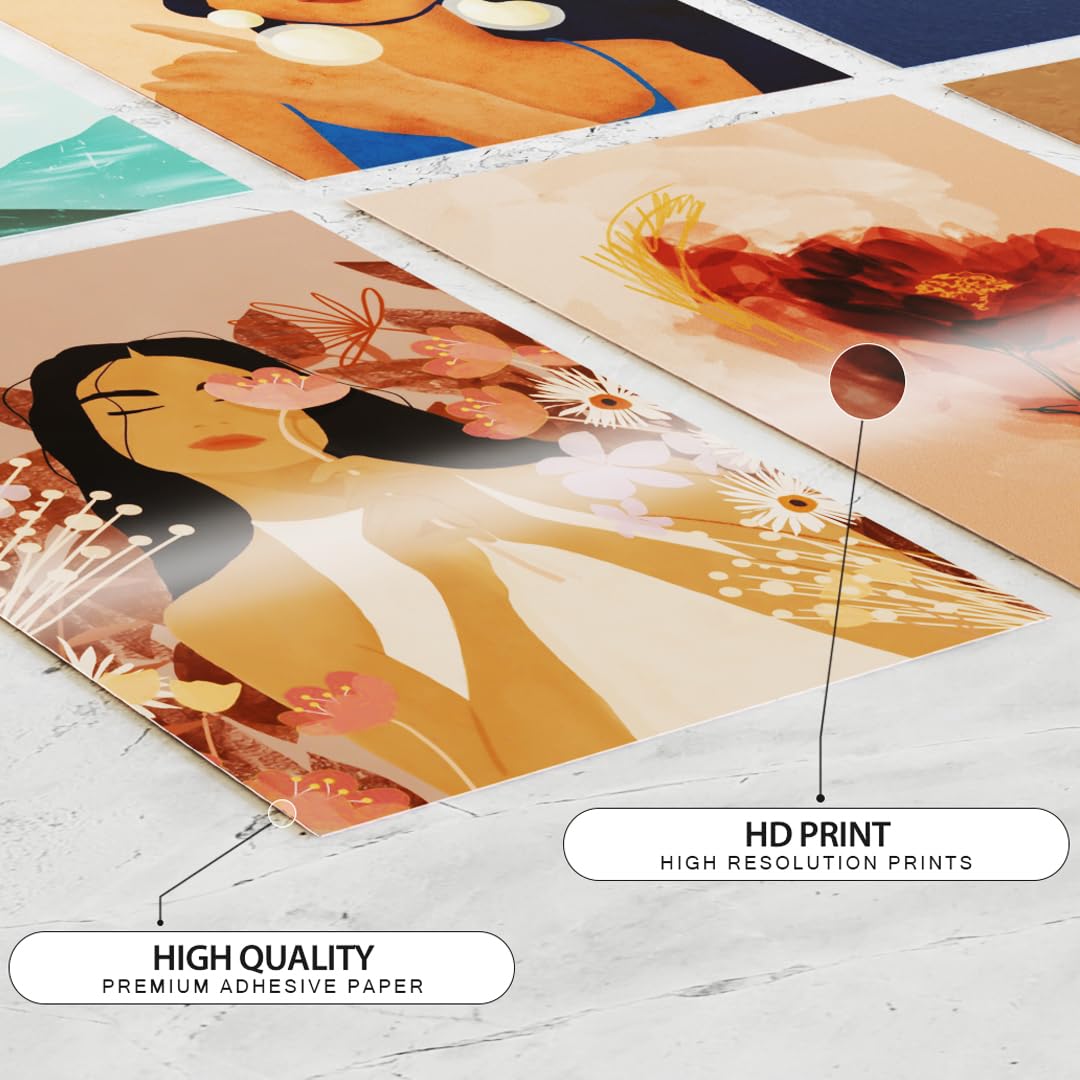 REDCLOUD Set of 16 Boho Aesthetic Wall Posters Self Adhesive Light Weight Posters For Long Lasting On Wall Posters- Peach,Beige,Orange Bohemian Wall Prints For Bedroom,Living Room,Office Decoration