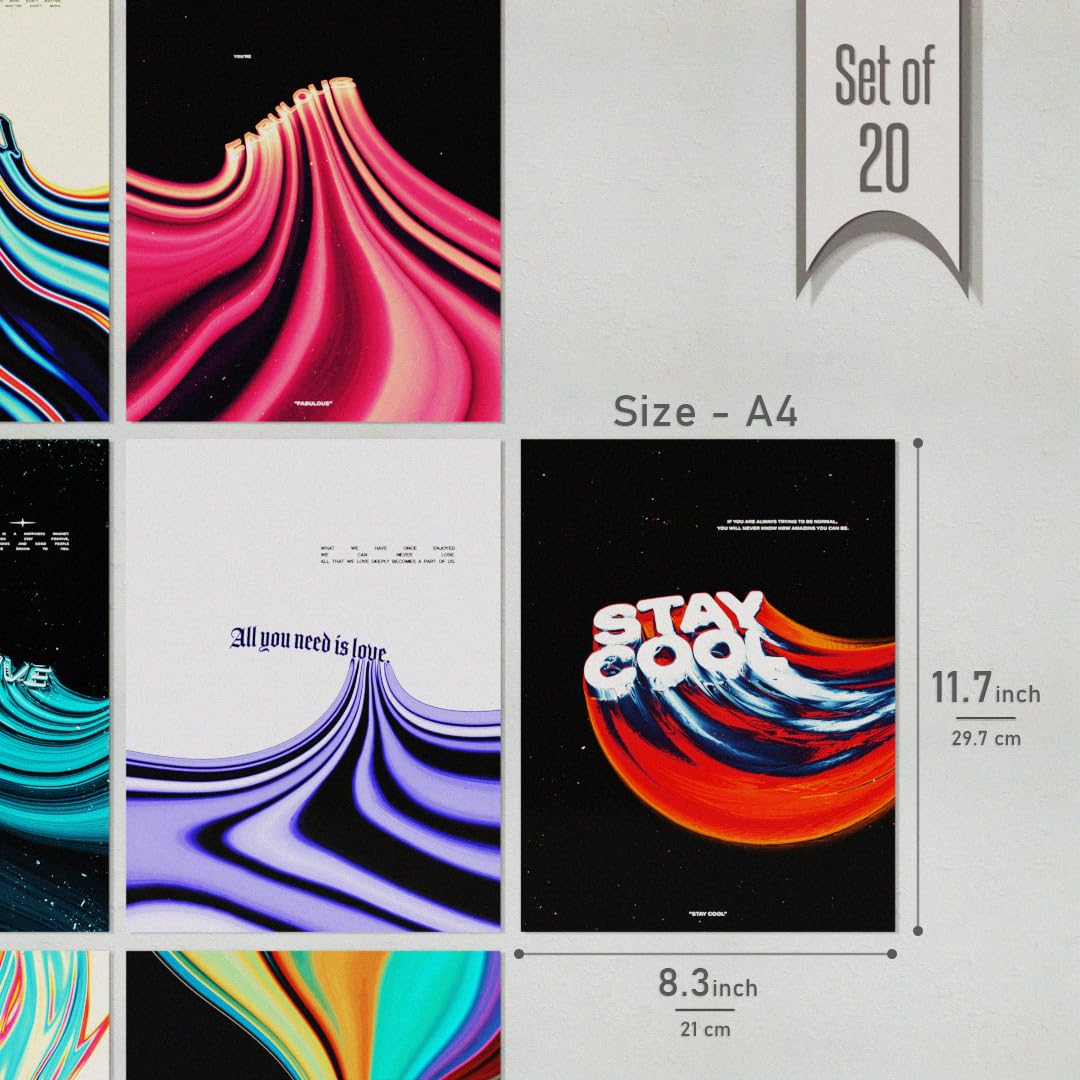 RedCloud Set of 20 PEEL N STICK Self Adhesive Light weight posters for long lasting on Wall Poster For Room Cool Aesthetic Posters A4 Size text Wall Posters for Bedrooom, Office, Dorms, Studio