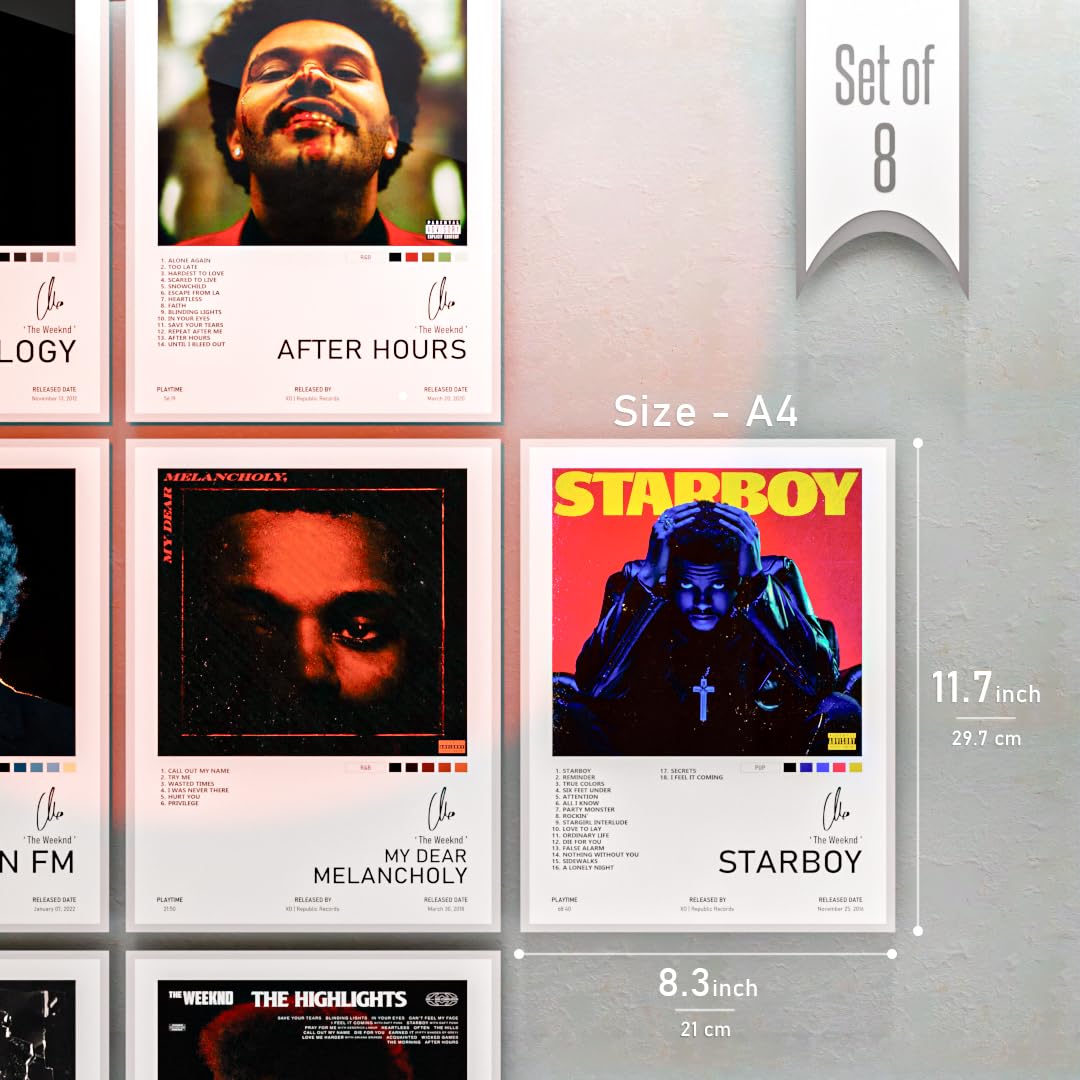 RedCloud Peel N Stick Self Adhesive Set of 8 - The Weeknd Popular Music Artist Album Art Wall Posters Size - A4 (8 x12) Inches Poster for Wall Decoration for Bedroom, Office, Living Room, Dorm Room