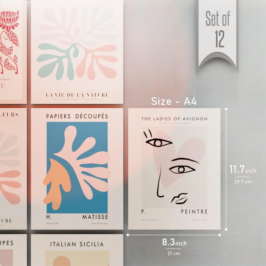 Set of 16 Boho Aesthetic Wall Posters PEEL N STICK Self Adhesive Light weight posters Printed on Self Adhesive Sheet for long lasting on wall posters - Peach, Beige, Orange Bohemian Wall Prints for Bedroom, Living Room, Office Decoration