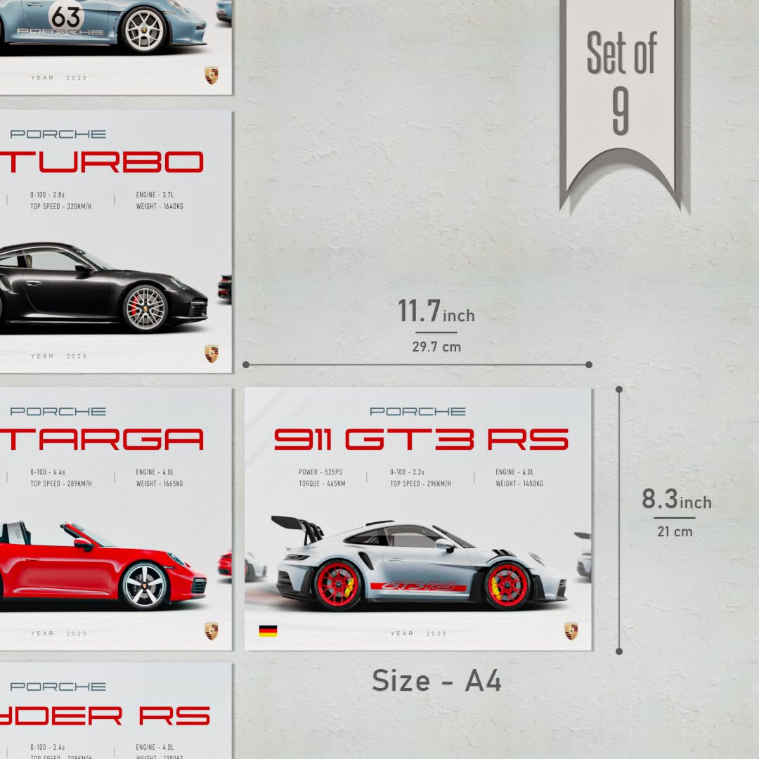 RedCloud Pack of 9 - Porsche Sports Cars Wall Posters Size - A4 Wall Decor Posters Wall Art For Bedroom, Living room, Office, Dining Room with adhesive