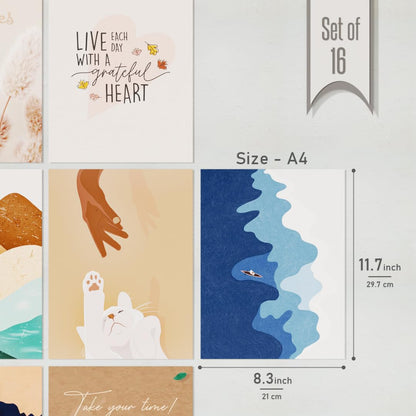 REDCLOUD Set of 16 Boho Aesthetic Wall Posters Self Adhesive Light Weight Posters For Long Lasting On Wall Posters- Peach,Beige,Orange Bohemian Wall Prints For Bedroom,Living Room,Office Decoration