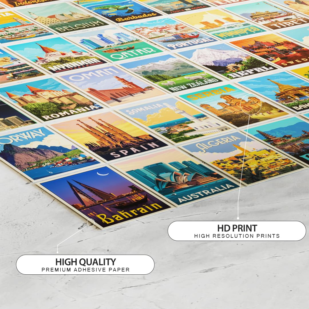 REDCLOUD Peel N Stick Self Adhesive 54 Pcs Travel Country Poster for Room Decor, 4x6 In Wall Collage Kit Posters for Girls, Boys, Teens, Art