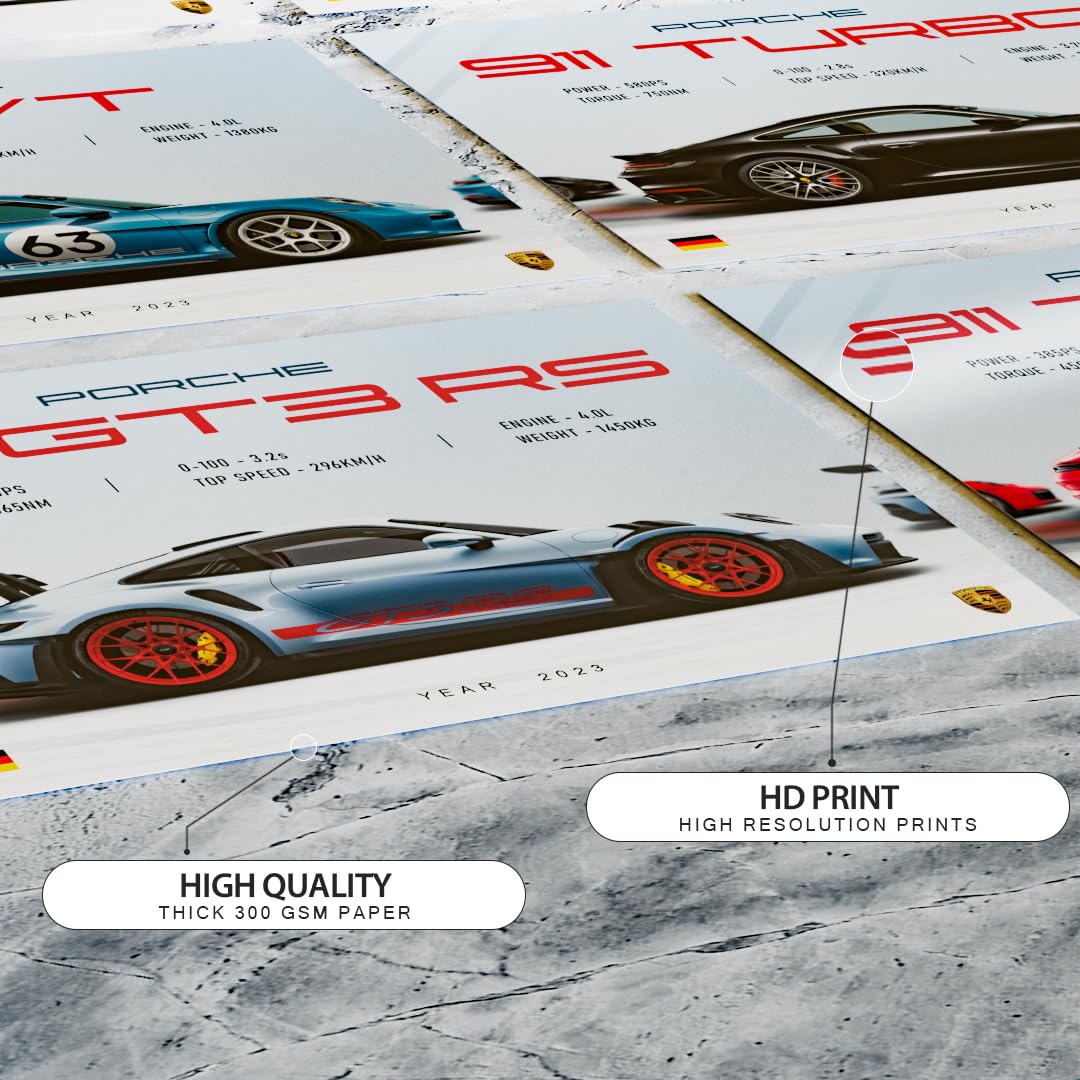 RedCloud Pack of 9 - Porsche Sports Cars Wall Posters Size - A4 Wall Decor Posters Wall Art For Bedroom, Living room, Office, Dining Room with adhesive