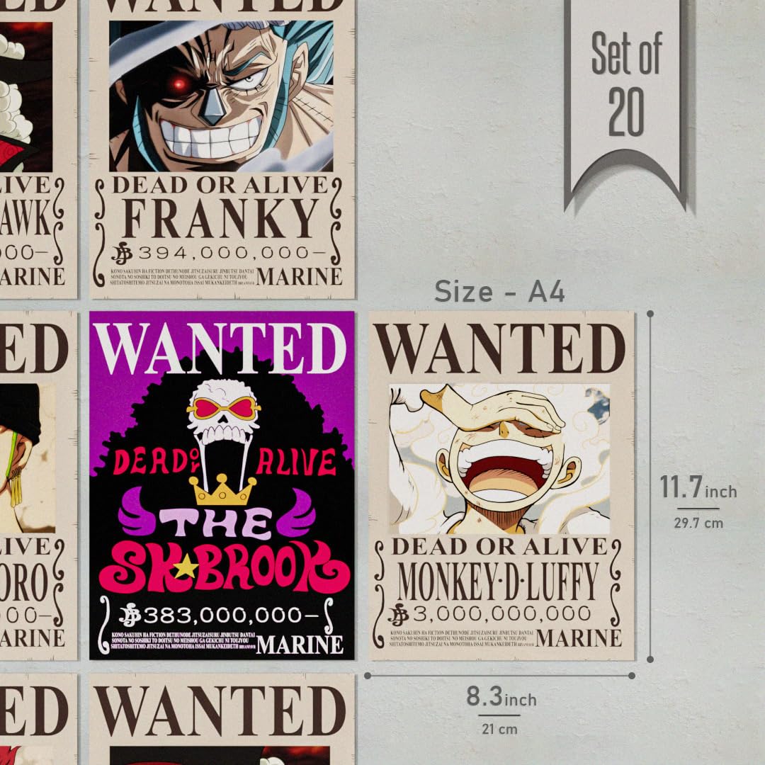 RedCloud Set of 20 PEEL N STICK One Piece Wanted Self Adhesive Light weight posters for long lasting on Wall Posters of Size A4 for Bedroom | office | LUFFY | ZORO | SANJI | FRANKY
