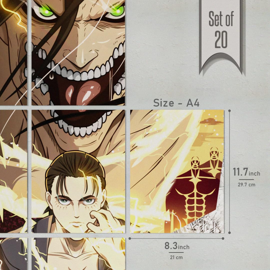 Set of 20 Eren Yeager Attack on titan anime manga PEEL N STICK Self Adhesive Light weight posters for long lasting on Wall posters anime manga wall poster for bedroom SIZE A4