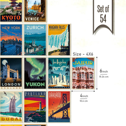 REDCLOUD Peel N Stick Self Adhesive 54 Pcs 4X6 Size Wall Collage Kit Travel City Posters, Trendy Cities Travel Vintage Poster Set, Popular Cities Posters