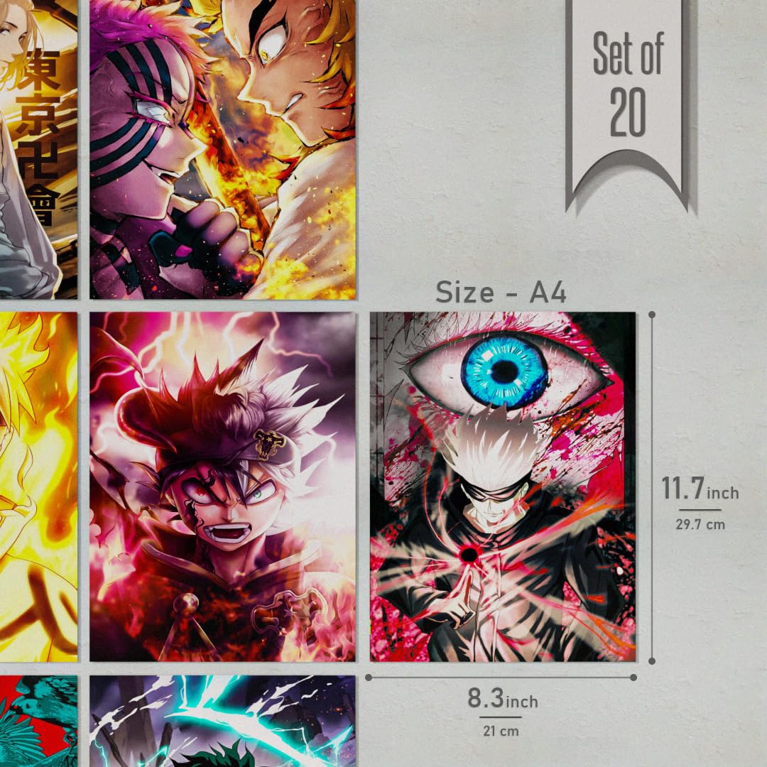 REDCLOUD Paper Set Of 20 Mix Anime PEEL N STICK Self Adhesive Light weight posters for long lasting on Wall Posters Size - A4 Anime posters for bedroom | Naruto anime | Demon slayer | Dragon ball z | Jujutsu kaisen | One piece | Attack on titan