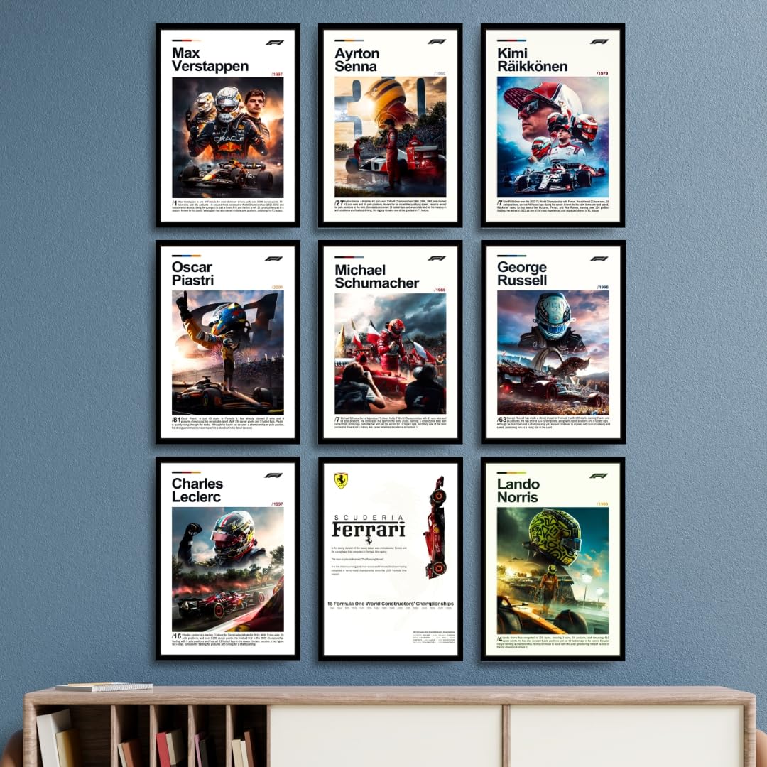 F1 Racing Drivers Posters Set of 9  – A4 Premium 300 GSM Thick Paper Formula 1 Wall Art
