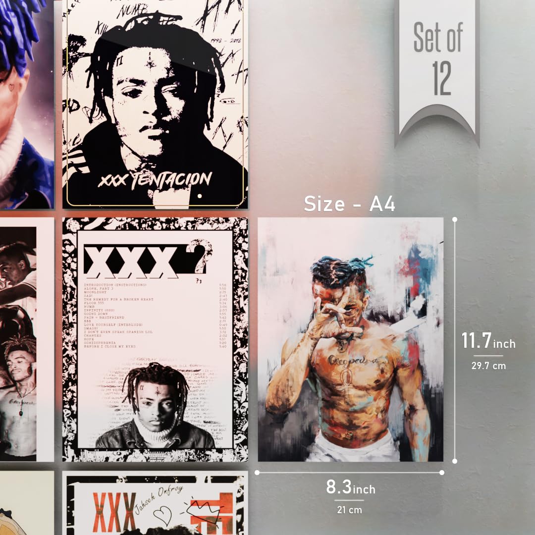 Set of 12 XXX Tentacion Music Artist Wall Posters Self Adhesive Sheet Popular Music Artist Album Art Wall Posters Size - A4 Poster for Wall Decoration for Bedroom, Office, Living Room, Dorm Room