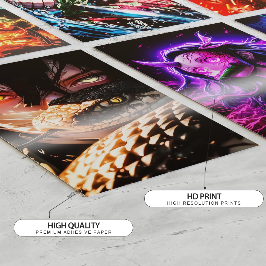 Set of 12 Demon Slayer Wall Posters | A4 Size each Self-Adhesive Anime Prints for Bedrooms & Gaming Rooms | Tanjiro | Nezuko | Zenitsu | Kokushibo