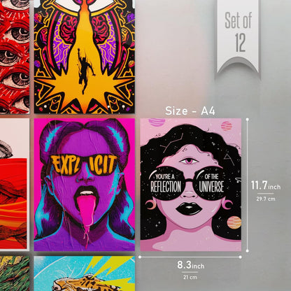 RedCloud Psychedelic Visionary Wall Posters Set of 12 | A4 Size each Self-Adhesive Prints for Bedrooms & Gaming Rooms
