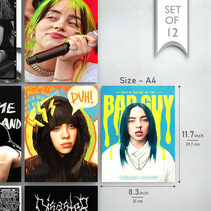 Set of 12 Billie Eilish Music Artist Wall Posters Self Adhesive Sheet Popular Music Artist Album Art Wall Posters Size - A4 Poster for Wall Decoration for Bedroom, Office, Living Room, Dorm Room