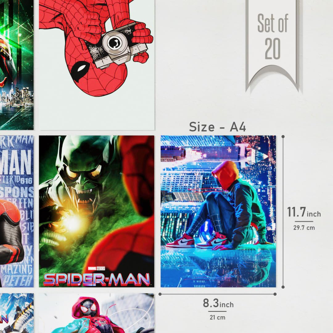 RedCloud Set of 20 Spiderman wall poster PEEL N STICK Self Adhesive Light weight posters for long lasting on Wall Poster For Room Poster Size - A4 Spiderman posters for Bedroom | Office | Kids