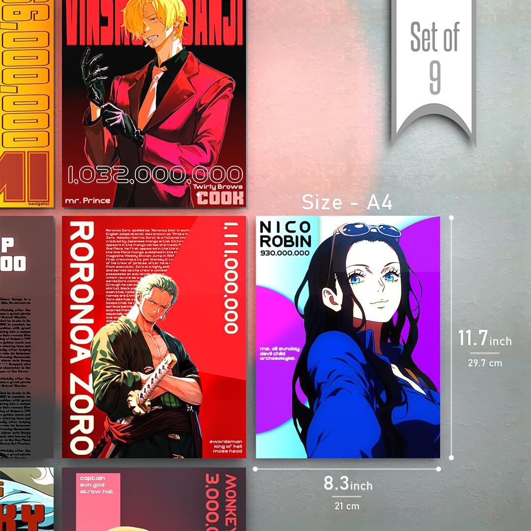 Set of 9 One Piece Anime Wall Posters of Size - A4 Poster for Wall Decoration for Bedroom, Office, Living Room, Dorm Room