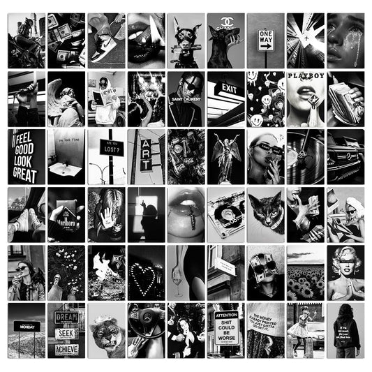 Set of 54 Peel N Stick Self Adhesive Black & White Posters Self Adhesive Aesthetic Wall Posters of Size - 4x6 inch each Poster Wall Decor Posters for Bedroom, Living Room, Study room Posters of Cars, Bikes, Mafia, Aesthetic Posters