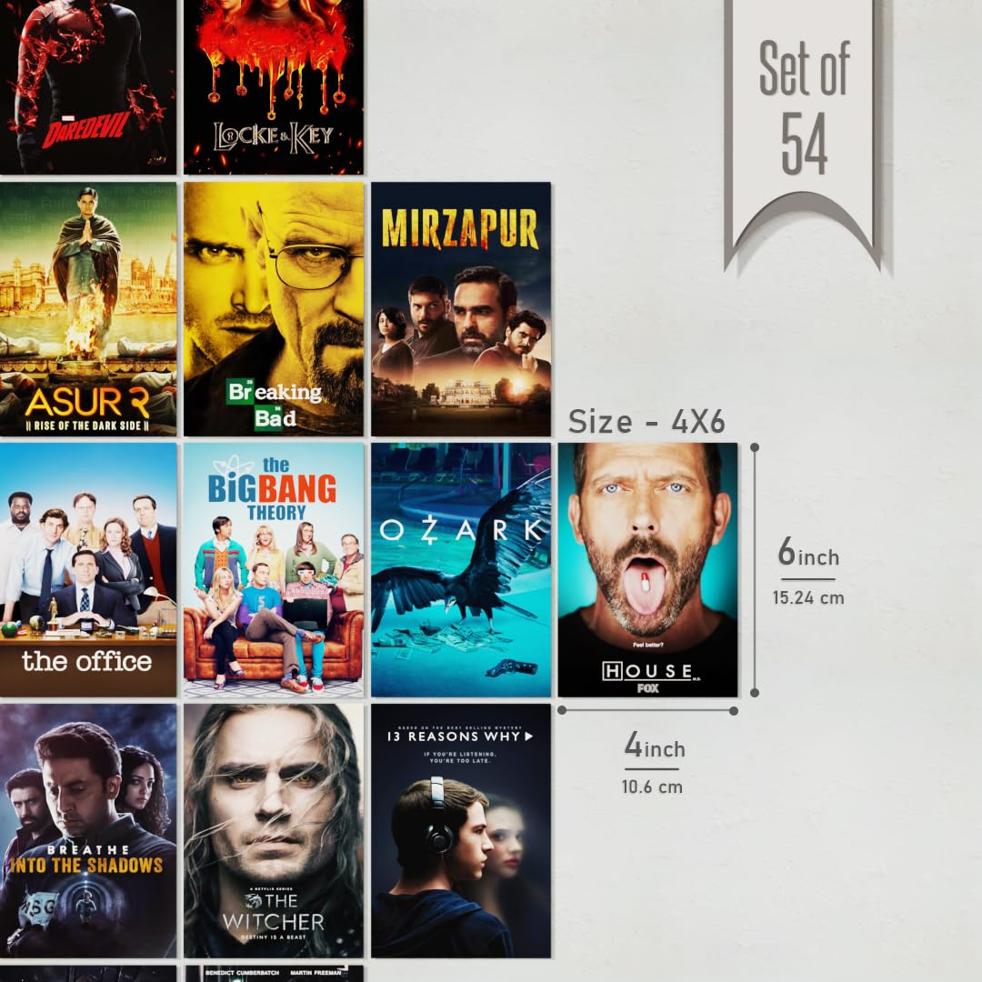 REDCLOUD Peel N Stick Self Adhesive 54 Pcs Web Series Tv Show Wall Collage Kit - 4 x 6 Inches Posters for Wall Decoration - Bedroom, Office, Living Room, Dorm Room