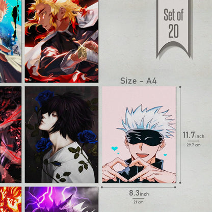 RedCloud Wall Art Set of 20 Mix Anime Self Adhesive Posters for Room, A4 Size Posters for Bedroom with Naruto, Demon Slayer, Dragon Ball Z, Jujutsu Kaisen, One Piece, Attack on Titan