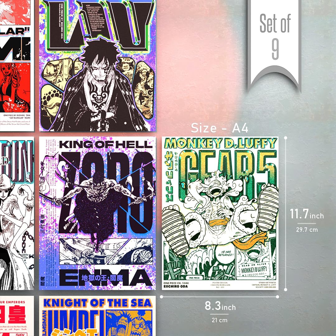Set of 9 One Piece Anime Wall Posters Size - A4 Poster for Wall Decoration for Bedroom, Office, Living Room, Dorm Room