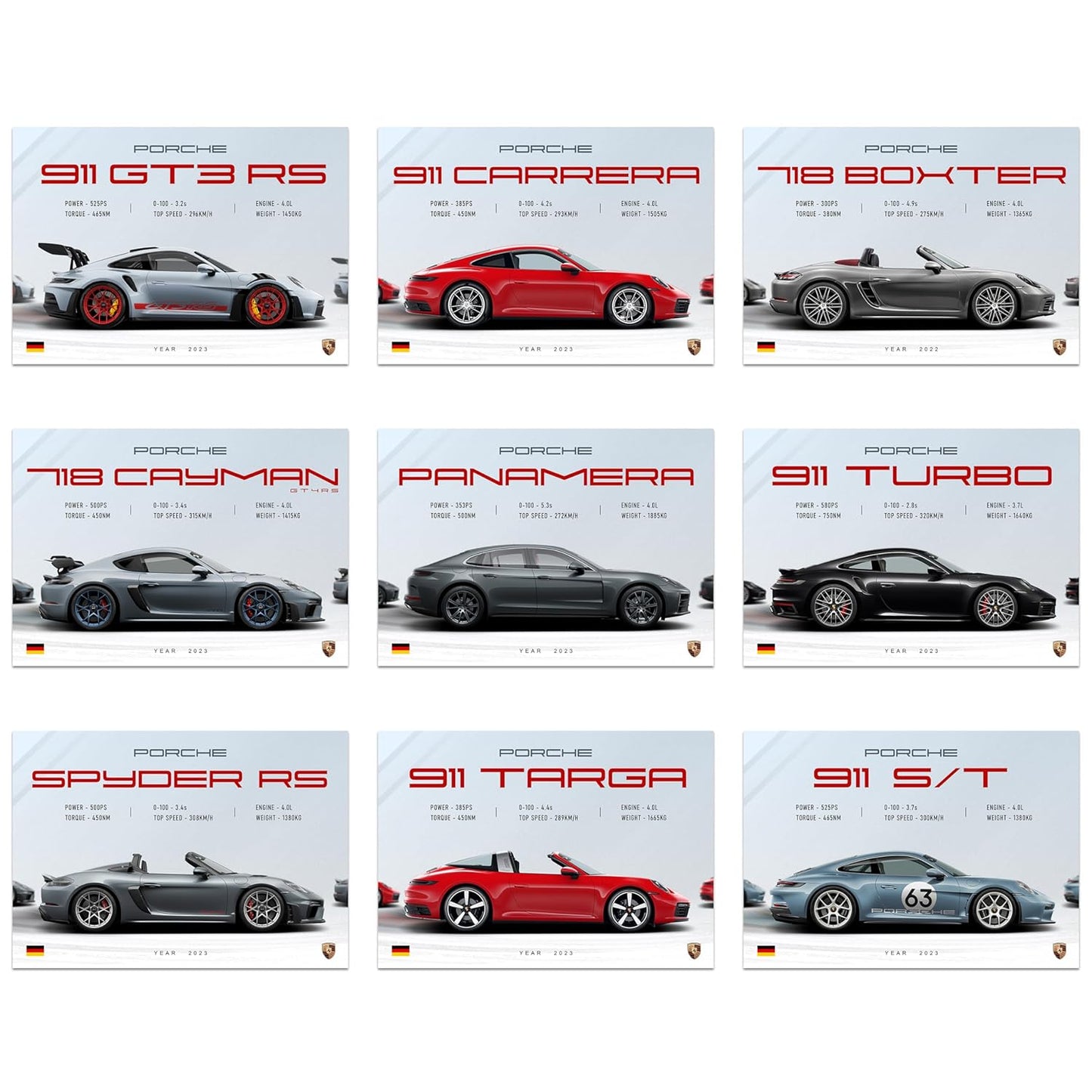 RedCloud Pack of 9 - Porsche Sports Cars Wall Posters Size - A4 Wall Decor Posters Wall Art For Bedroom, Living room, Office, Dining Room with adhesive