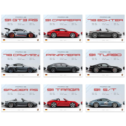 RedCloud Pack of 9 - Porsche Sports Cars Wall Posters Size - A4 Wall Decor Posters Wall Art For Bedroom, Living room, Office, Dining Room with adhesive