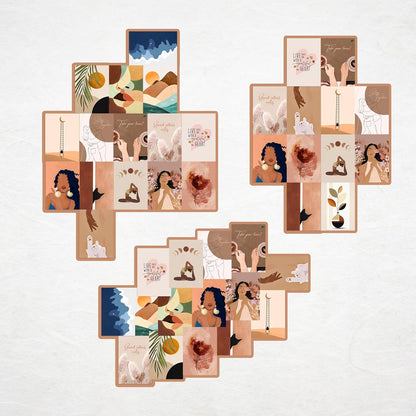 REDCLOUD Set of 16 Boho Aesthetic Wall Posters Self Adhesive Light Weight Posters For Long Lasting On Wall Posters- Peach,Beige,Orange Bohemian Wall Prints For Bedroom,Living Room,Office Decoration