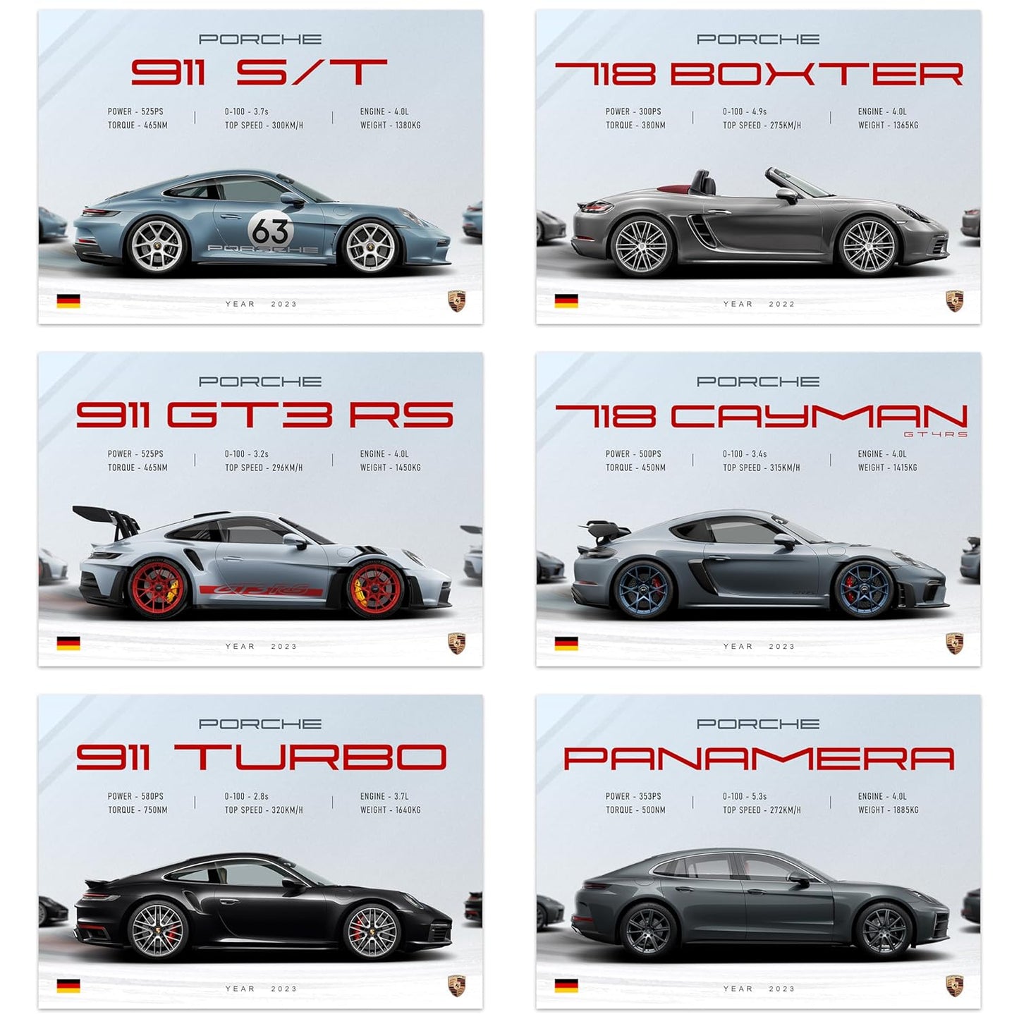 RedCloud Pack of 9 - Porsche Sports Cars Wall Posters Size - A4 Wall Decor Posters Wall Art For Bedroom, Living room, Office, Dining Room with adhesive