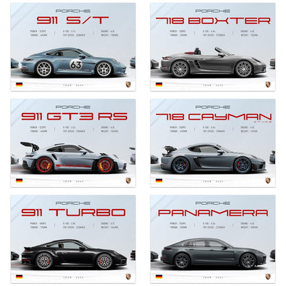 RedCloud Pack of 9 - Porsche Sports Cars Wall Posters Size - A4 Wall Decor Posters Wall Art For Bedroom, Living room, Office, Dining Room with adhesive