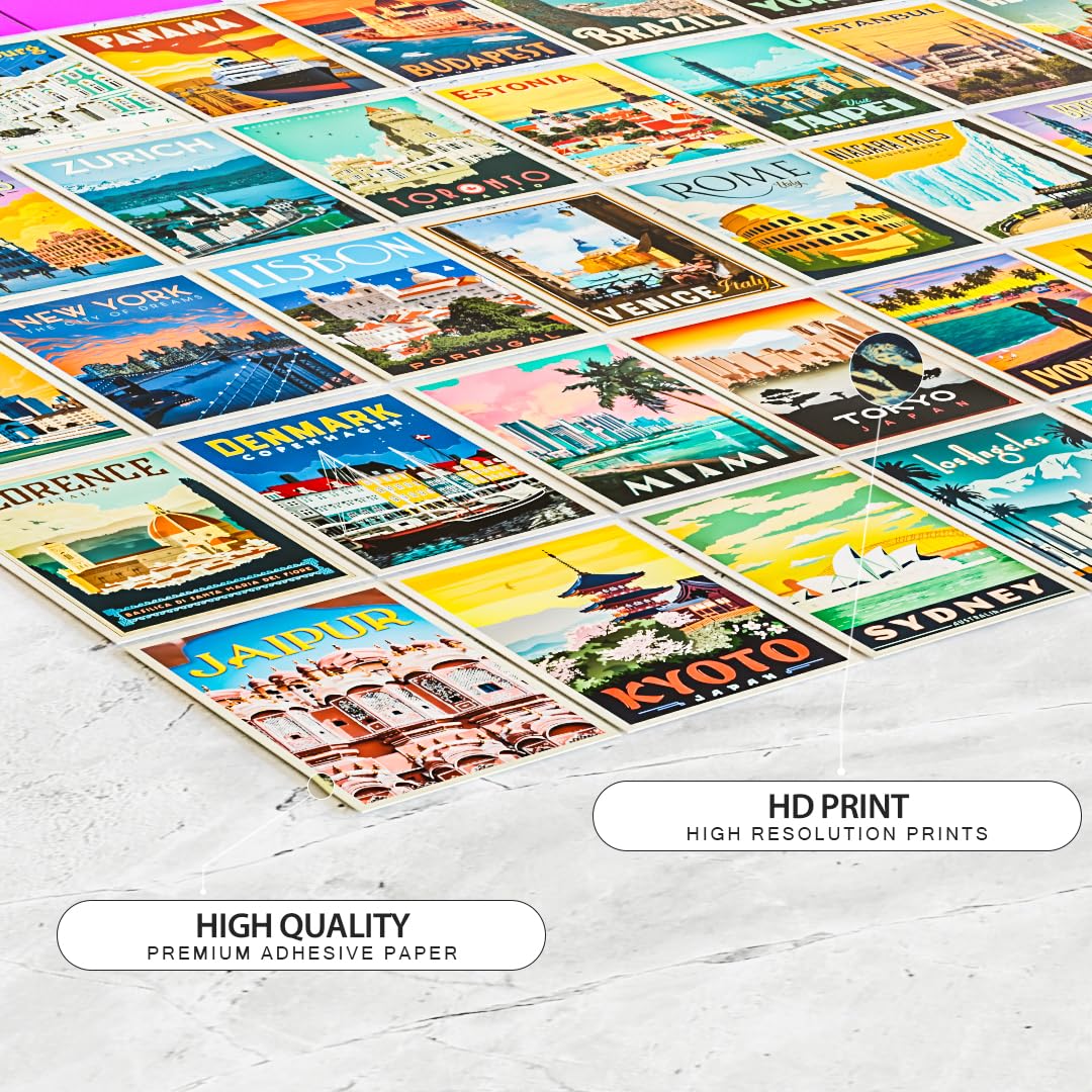 REDCLOUD Peel N Stick Self Adhesive 54 Pcs 4X6 Size Wall Collage Kit Travel City Posters, Trendy Cities Travel Vintage Poster Set, Popular Cities Posters