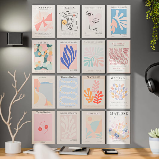 Set of 16 Boho Aesthetic Wall Posters PEEL N STICK Self Adhesive Light weight posters Printed on Self Adhesive Sheet for long lasting on wall posters - Peach, Beige, Orange Bohemian Wall Prints for Bedroom, Living Room, Office Decoration