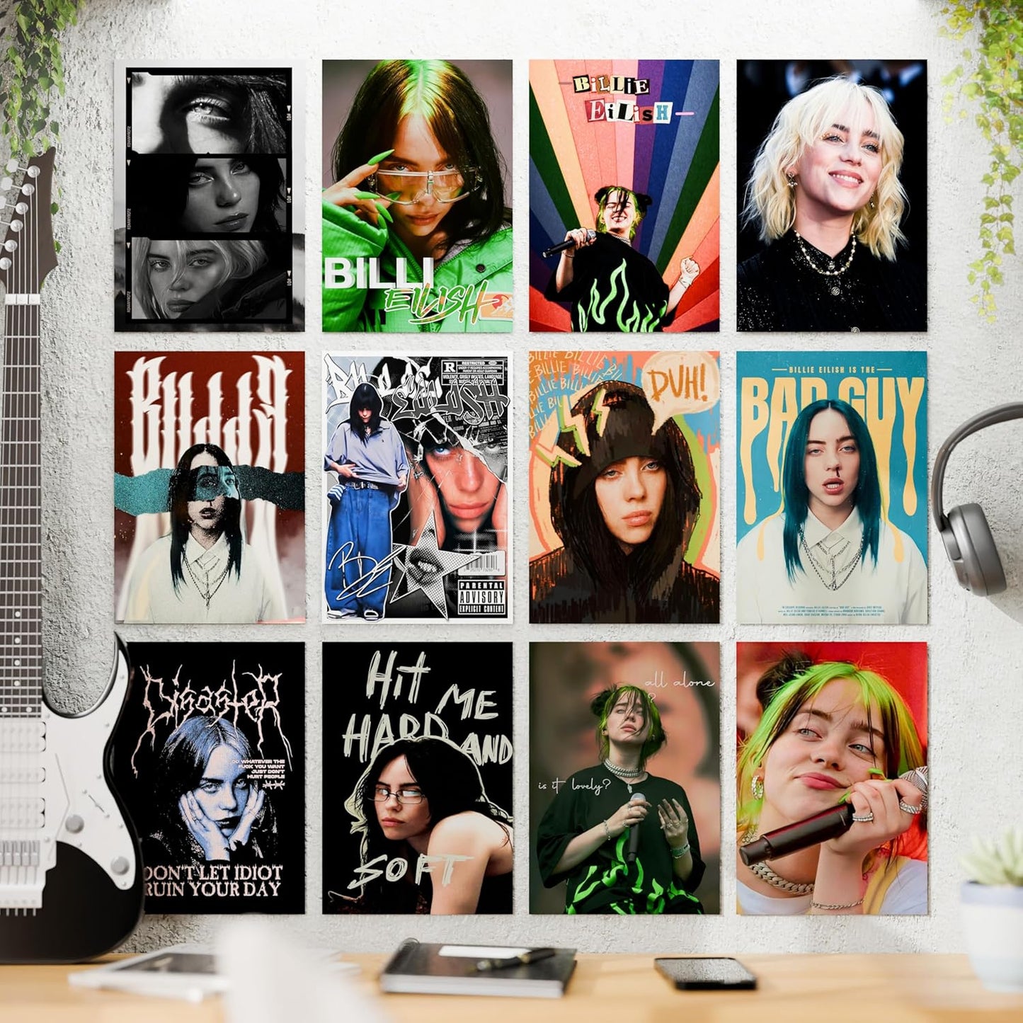 Set of 12 Billie Eilish Music Artist Wall Posters Self Adhesive Sheet Popular Music Artist Album Art Wall Posters Size - A4 Poster for Wall Decoration for Bedroom, Office, Living Room, Dorm Room