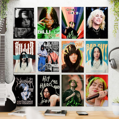 Set of 12 Billie Eilish Music Artist Wall Posters Self Adhesive Sheet Popular Music Artist Album Art Wall Posters Size - A4 Poster for Wall Decoration for Bedroom, Office, Living Room, Dorm Room