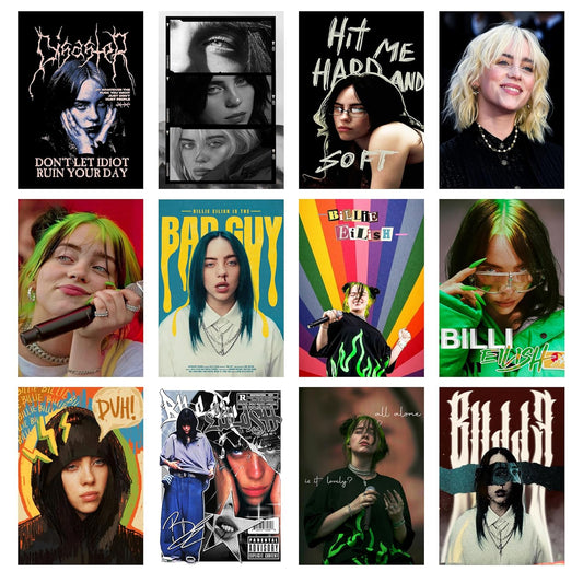 Set of 12 Billie Eilish Music Artist Wall Posters Self Adhesive Sheet Popular Music Artist Album Art Wall Posters Size - A4 Poster for Wall Decoration for Bedroom, Office, Living Room, Dorm Room