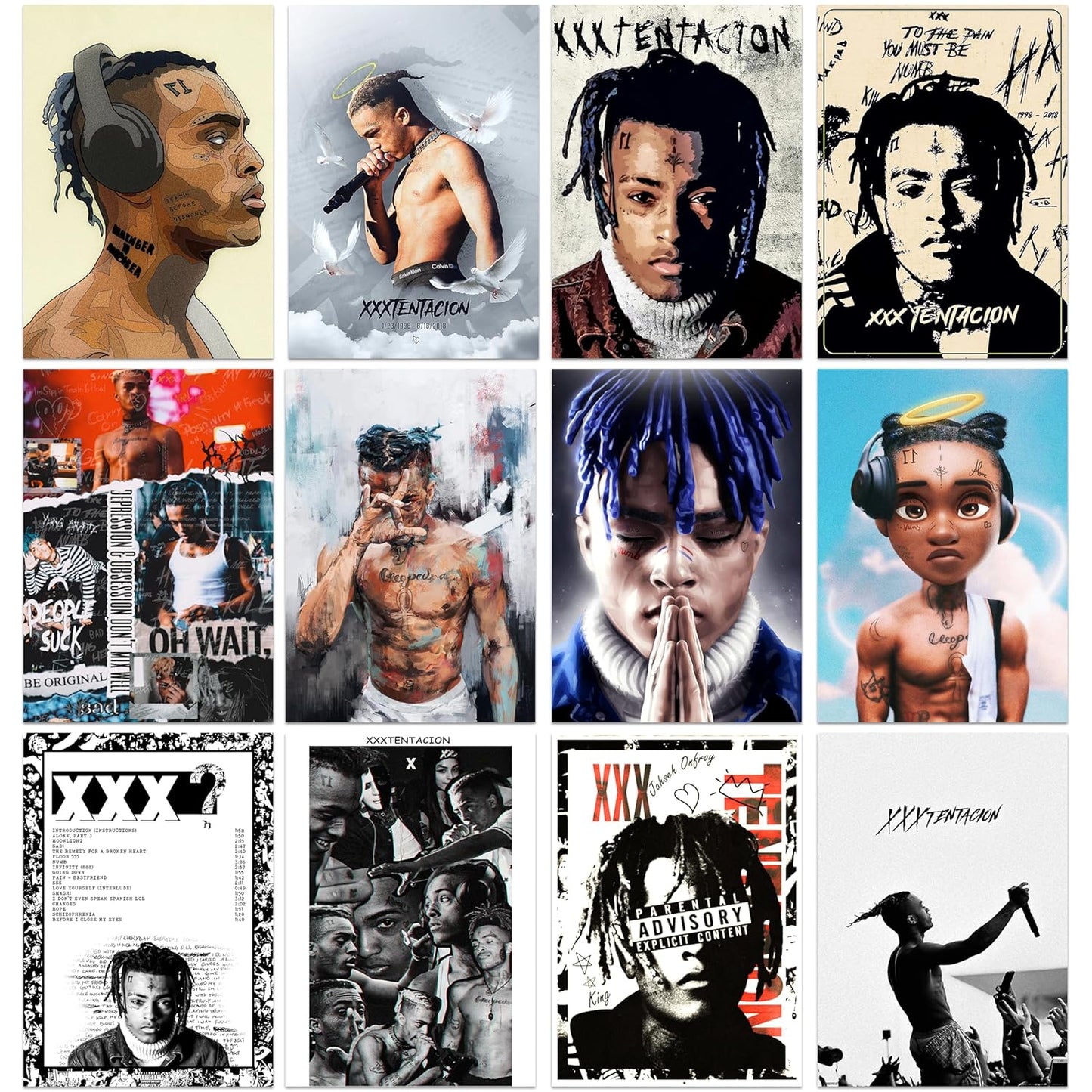 Set of 12 XXX Tentacion Music Artist Wall Posters Self Adhesive Sheet Popular Music Artist Album Art Wall Posters Size - A4 Poster for Wall Decoration for Bedroom, Office, Living Room, Dorm Room