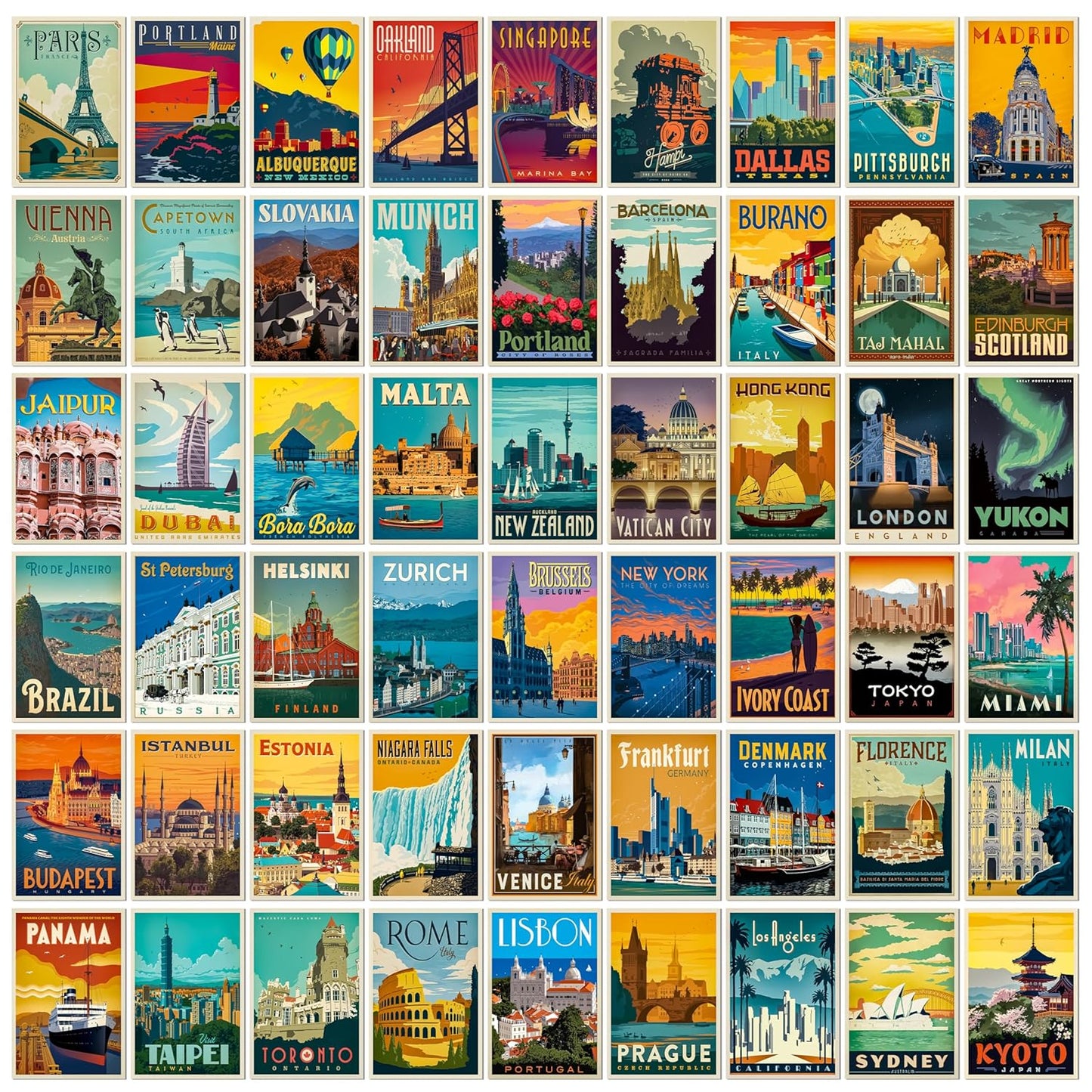REDCLOUD Peel N Stick Self Adhesive 54 Pcs 4X6 Size Wall Collage Kit Travel City Posters, Trendy Cities Travel Vintage Poster Set, Popular Cities Posters