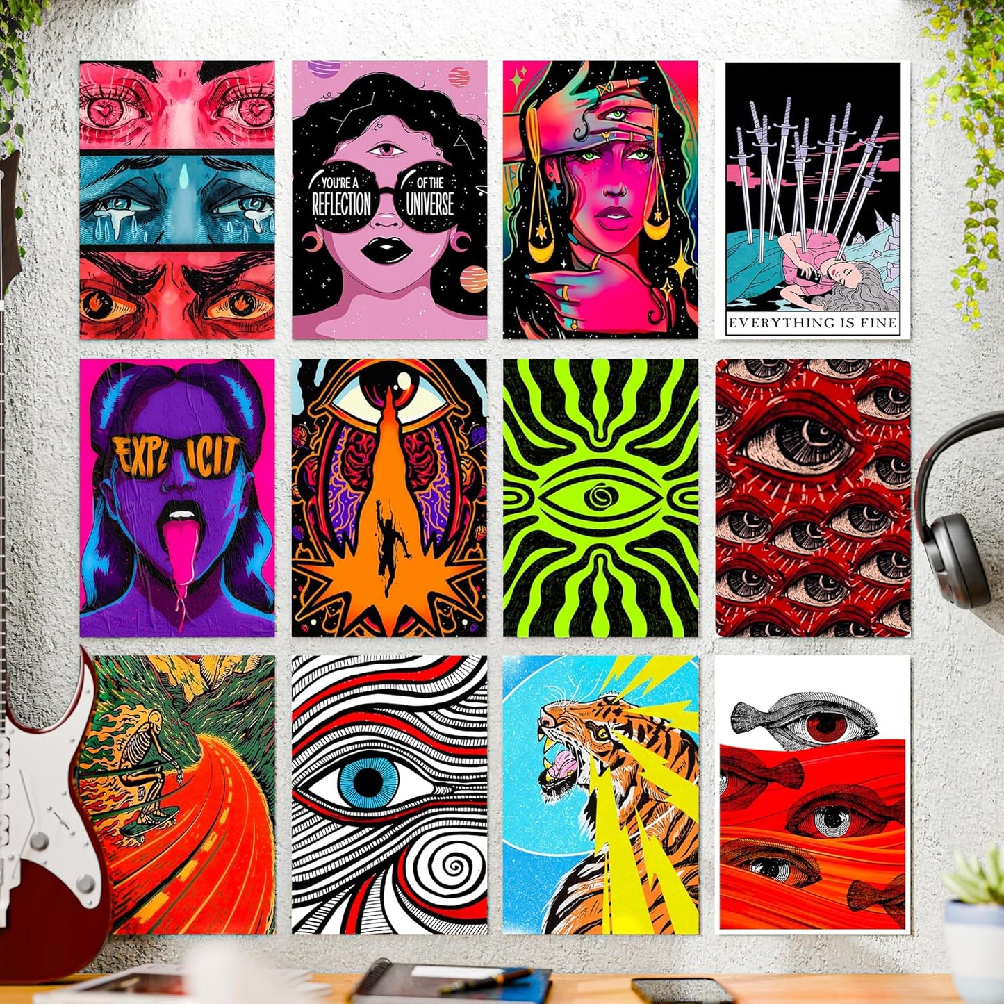 RedCloud Psychedelic Visionary Wall Posters Set of 12 | A4 Size each Self-Adhesive Prints for Bedrooms & Gaming Rooms