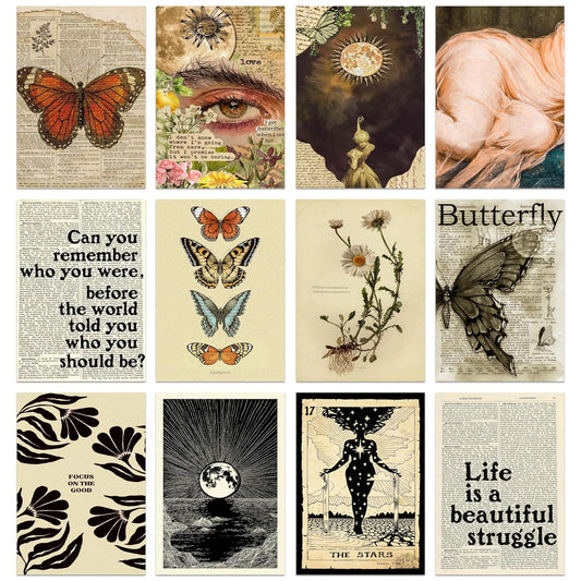 RedCloud Peel N Stick Self Adhesive Set of 12 Aesthetic Vintage Wall Collage Kit Posters - A4 Size Each Poster for Wall Decoration - Wall Art For Bedroom, Office, Living room, Dorm room