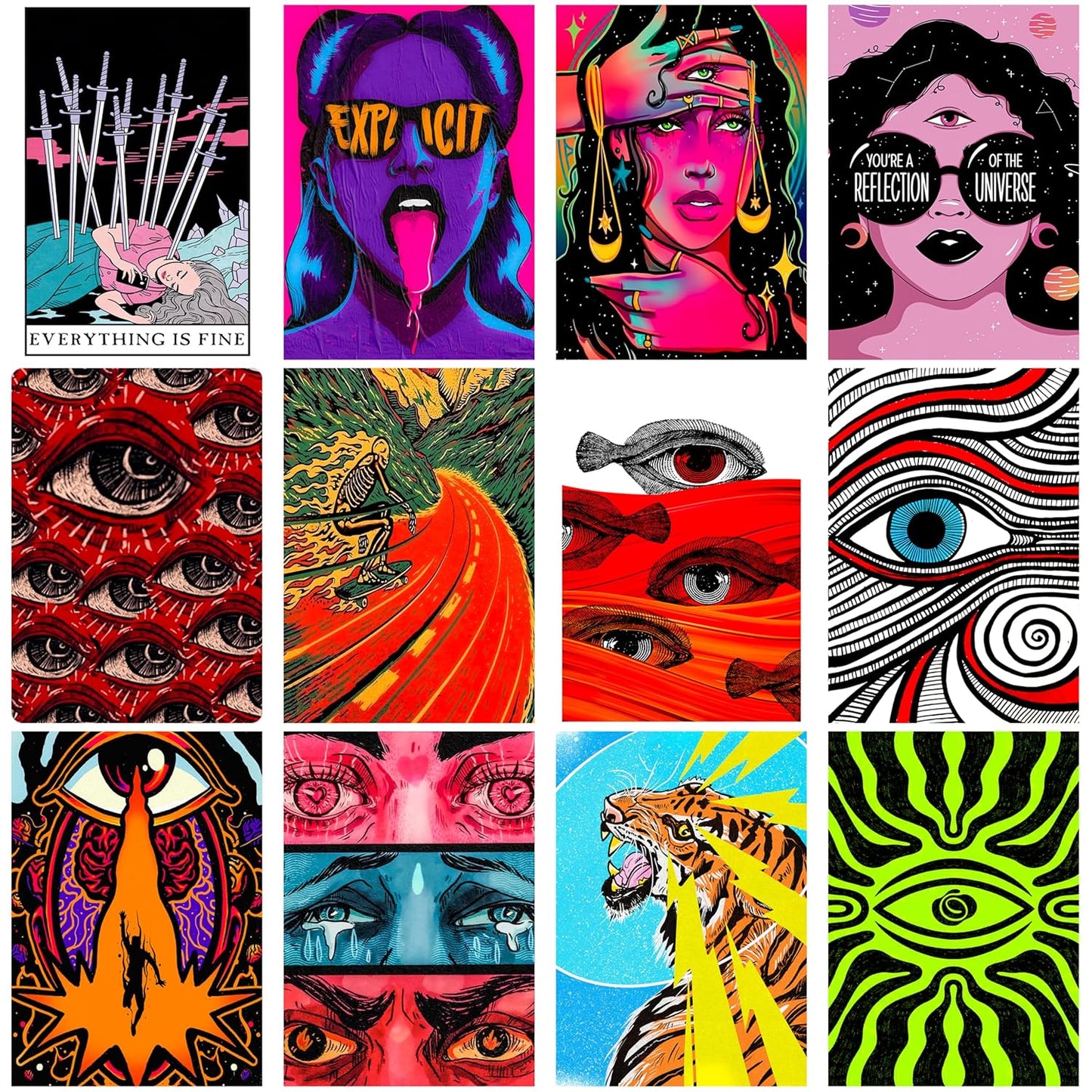 RedCloud Psychedelic Visionary Wall Posters Set of 12 | A4 Size each Self-Adhesive Prints for Bedrooms & Gaming Rooms